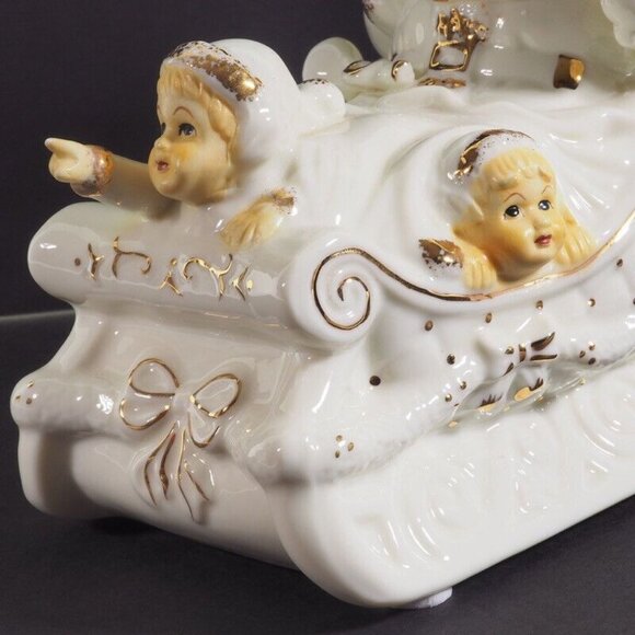 Vintage Musical Sleigh Baum Bros Santa Creamy White Gold Formalites - Picture 3 of 9